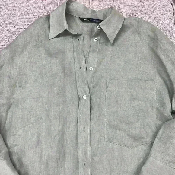 Zara Oversized Green Linen Blend Button Down - Picture 2 of 5